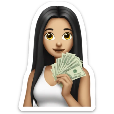 White girl with long black hair holding money money sticker