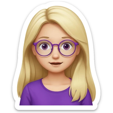 una chica rubia con el pelo largo, gafas redondas, vestida con un top morado, y con diferentes expresiones sticker