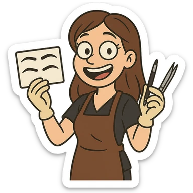 cartoon style microblading artist with brow stencils and tools cheerful sticker
