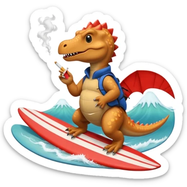 dinosual smokig a ciggerett while surfing wearing canada goose  sticker