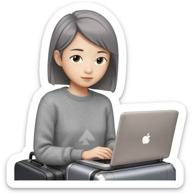 페르소나 요약 : 교환학생을 준비하는 대학생. 동양인 중성 20대의 상반신, 캐주얼한 옷(니트, 맨투맨)을 입은 채 노트북을 보고 있으며 옆 한켠에는 캐리어가 함께 준비되어 있어요. 안경은 끼지 않았어요 sticker