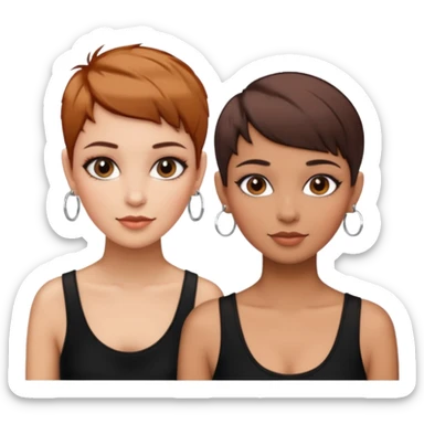 Puerto Rican fair skin straight brown pixie cut hair with hoop earrings make up and my best friend caramel colored pixie cut with jewelry and makeup on her face besties side-by-side wearing black  sticker