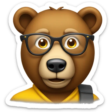 Apple emoji style brown bear animal as a university professor, wearing clear yellow plastic thick-rimmed glasses sticker