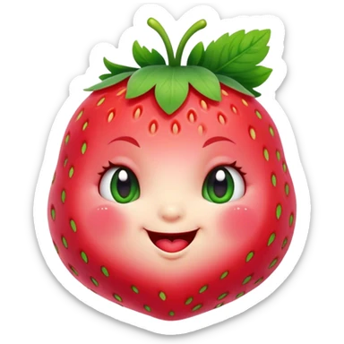 Cinematic plump happy strawberry, glossy bright red, tiny round eyes and blushing cheeks, green leafy top slightly tilted, cheerful and charming. sticker