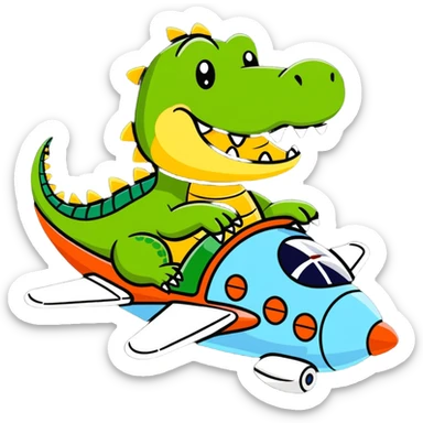 cheerful crocodile riding on top of an airplane sticker