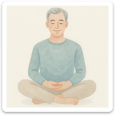 gray haired 50-year old white man peacefully meditating, smiling, back straight, legs crossed, hands in his lap, serene, calm, mindfulness, manifesting, soft watercolor style sticker
