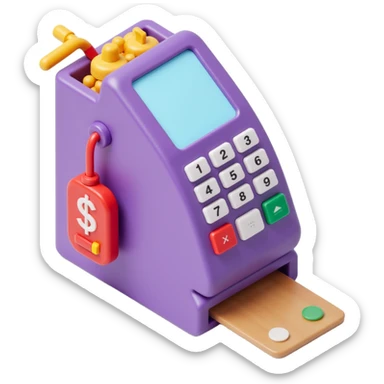 POS machine with a touchscreen and a credit card, skeuomorphism icon style, realistic and vibrant sticker