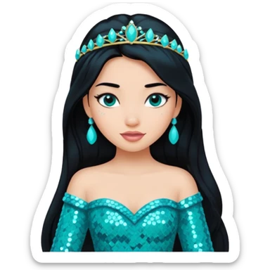 Jasmine from Disney Princess with long black hair, turquoise sequin outfit sticker