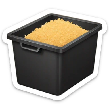 Black cubic plastic container with wood shavings inside sticker
