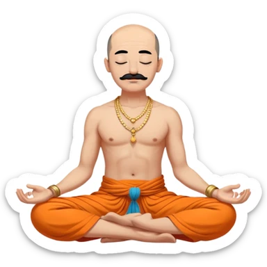 сossack with bold head, very long 15 inch black mustache, lock of black hair sprouting from the top of the shaven head, meditating bare torso with closed eyes in lotus pose in long orange indian dhoti covering the legs sticker