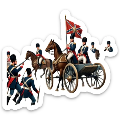 A vintage movie poster-style design depicting a dramatic Napoleonic War scene. Include soldiers in period uniforms, cannons, and a battlefield with flags and horses. The background should evoke a sense of battle and history, with old-fashioned cinematic flair. Transparent background. sticker