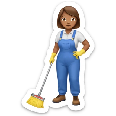 old and fat women, brown hair, Custodian with yellow rubber gloves, white T-shirt, blue overalls, mopping floor sticker
