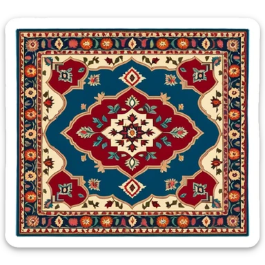 Cinematic Realistic depiction of a richly patterned Turkish carpet, rendered with exquisite details and vibrant colors, set against a soft, warmly lit background that emphasizes its artisanal craftsmanship sticker