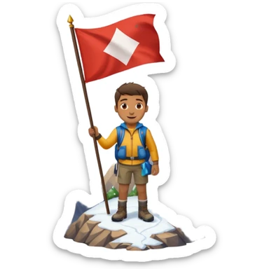 a happy guy standing on a large, detailed mountain with a little snow under his feet, holding a flag sticker