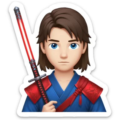 A 14 year old with red glowing katana and his hair be long and eye colour of blue make it boy  sticker