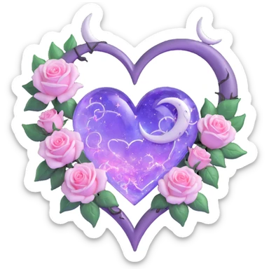 gothic heart made of pastel lilac glass, silver crescent moon, glowing white roses, holographic stardust, neon pink lightning, drenched and splintered glass sticker