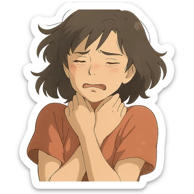 ghibli style girl with a pained expression, hands gently at her neck, soft lighting, emotional focus sticker