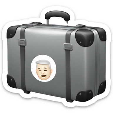 a white man with prominient smile, gray-black hair, in a suitcase sticker