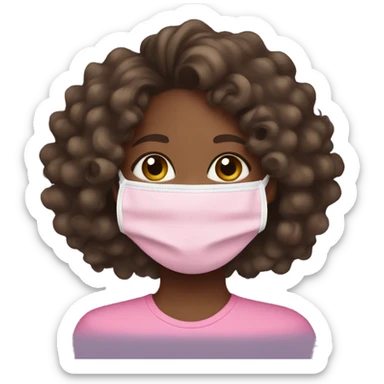 black girl with light brown skin, big dark curly hair doing a pink face mask sticker