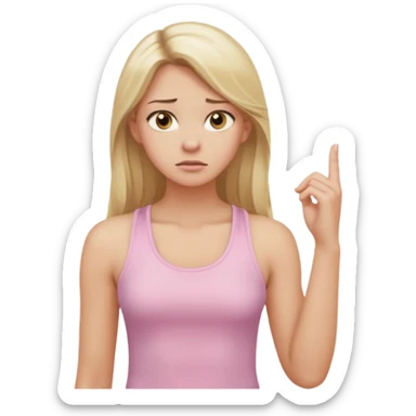 Create a young woman with long blonde hair, golden eyes, and medium-light skin tone, wearing a light pink tank top and leggings. She should be in portrait mode, but with a subtle doubting facial expression—slightly raised eyebrow, small frown, .  and her hand next to her chin like this emoji 🤔 sticker