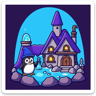 Cozy wizard's cottage for a penguin, ice cave with magical blue glow and potion bottles sticker