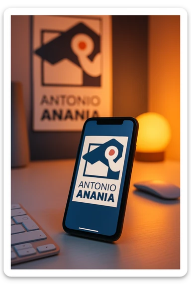 A photo of an iPhone on the desk with the logo of "Antonio Anania" on its screen, The phone sits atop a desk with a blurred with the logo in the background that suggests work environment. A faint glow from above casts gentle shadows across the surface of each object, creating depth and highlighting their textures sticker