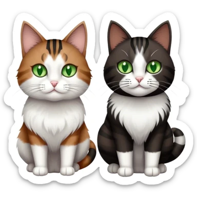 Grey and white cat next to a brown and black striped with white fluffy fur cat. Both cats have green eyes. The brown, black, and white one is bigger than the grey one. Make them look majestic  sticker