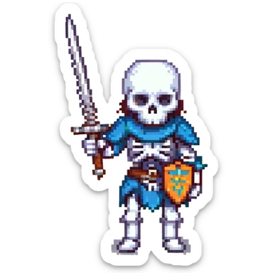 skeleton warrior wielding a sword, pixel art style sticker