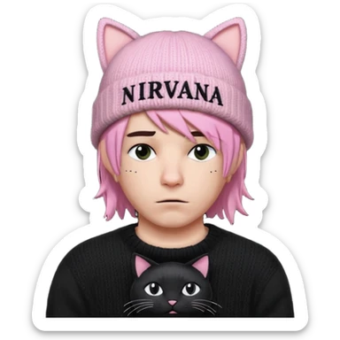 A man with a Knitted hat with black cat ears, black sweater with white lettering in the center that says "Nirvana", pink bob cut and frown with a cold look  sticker