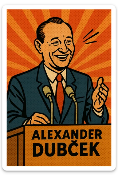 Alexander Dubcek making a speech in 1960s Czechoslovakia with a smile on his face sticker