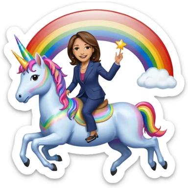 Kamala Harris and donald trump riding a rainbow unicorn sticker