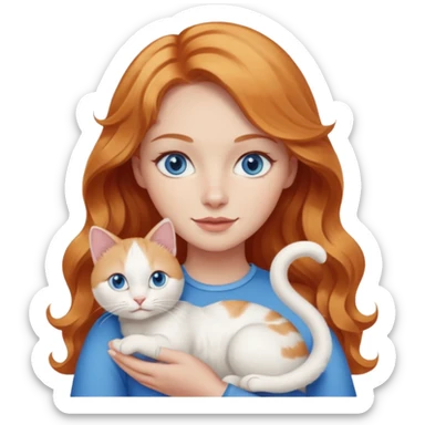 Long wavy strawberry blonde blue eyes woman with a white cat with blue eyes realistic  sticker