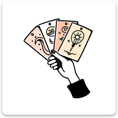 a hand holding a fan of mystical tarot cards with celestial symbols, pastel colors dd9fb0, ffc6d3, a3bfc9, c4bee2, f1b091, detailed hand-drawn doodle style sticker