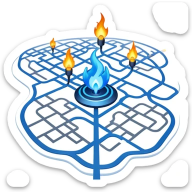a map with a glowing blue flame on the x and networking paths sticker