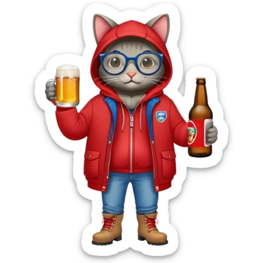 Catfish in a red winter jacket with hood, wearing round glasses, blue jeans, red boots, holding a beer can with a red label sticker