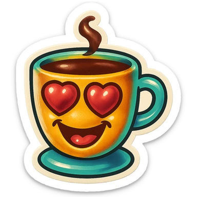 coffee cup creature, big heart eyes, dopey smile sticker