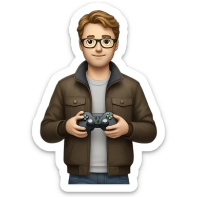 white male with brown hair holding a game controller, wearing glasses, wearing a jacket sticker