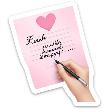 Hand written note on pink paper that says “finish” with a hand written heart next to it  sticker