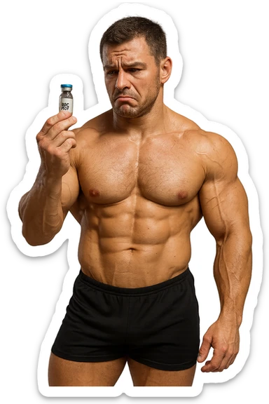 BODYBUILDER A FIGURA INTERA CHE TIENE IN MANO UNA FIALA MEDICA CON la scritta "BPC 157" SULL'ETICHETTA E LA GUARDA DUBBIOSO, iperrealistico 4k sticker