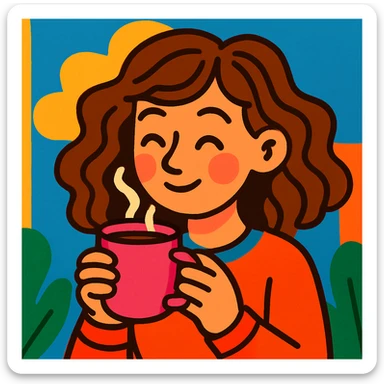white girl with wavy brown hair, drinking coffee from a pink cup, vibrant and friendly illustration style sticker