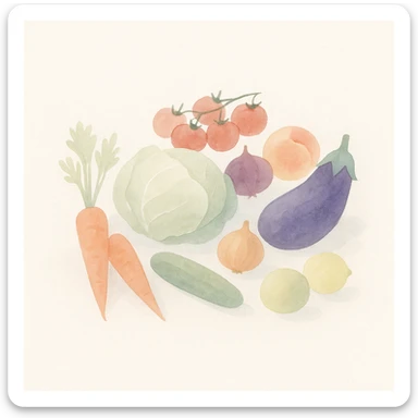 soft watercolor illustration in a minimalist modern style of vibrant colorful fresh vegetables and fruits arranged in a market display, morning light, pastel colors, delicate linework, gentle whimsical mood, minimal soft shading sticker