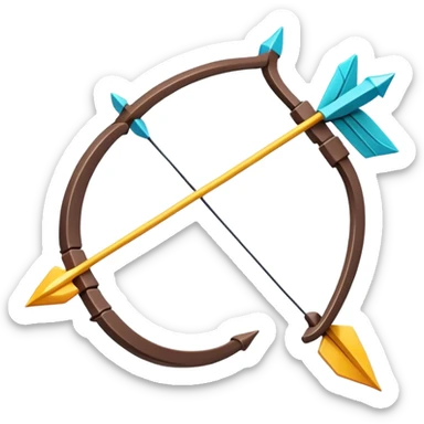 Clash of Clans aesthetic: Cinematic Playful Pixel 3D isometric  Bow & Arrow Emoji, rendered in a 3D vector-style similar to standard emojis with minimal shading and bold, simplified shapes. A compact, distinct form with signature details, softly glowing with a pixelated adventure charm. Simplified yet unmistakably iconic, highly detailed and consistent, glowing with a soft radiance and high shine. Stylized with a touch of classic pixel-art charm and a soft glowing outline, capturing the essence of a beloved gaming relic with a friendly, playful manner! sticker