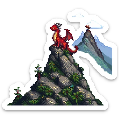 pixel art dragon perched on a mountain, RPG style, soft lighting, retro game aesthetic sticker