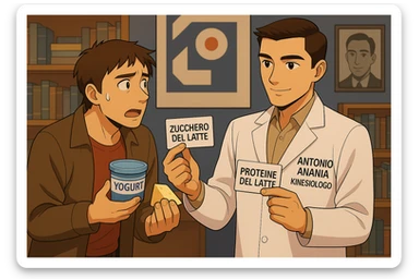 fai un webtoon manga a colori con questo stile, in cui un uomo fa una domanda al kinesiologo con il camice bianco (fagli anche la scritta "ANTONIO ANANIA" SUL CAMICE, l'uomo chiede una cosa mostrando un formaggio e uno yogurt al kinesiologo con il camice, IL KINESIOLOGO annuisce e SPIEGA ALL'UOMO UNA cos. L'UOMO ha un ESPRESSIONE CONFUSA IN VOLTO. non fare i fumetti però, fai solo in modo che sembri stiano parlando sticker