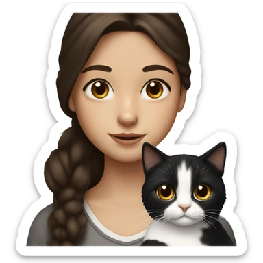 Girl with long dark brown hair freckles and brown eyes holding a black and white cat  sticker
