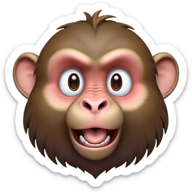 Cinematic Comical Baboon Portrait Emoji, Head tilted dramatically with an exaggeratedly amused expression, featuring a strikingly textured Fur of deep browns with wide, expressive eyes filled with playful disbelief, Simplified yet hilariously expressive features, highly detailed, glowing with a slightly sassy glow, high shine, dramatic yet playful, stylized with an air of cheeky mischief, bright and endearing, soft glowing outline, capturing the essence of a spirited and over-the-top baboon, so meme-worthy it feels like it could chatter its way into internet fame instantly! sticker