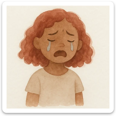 menina parda, cabelo cacheado avermelhado até os ombros, chorando, estilo aquarela suave sticker