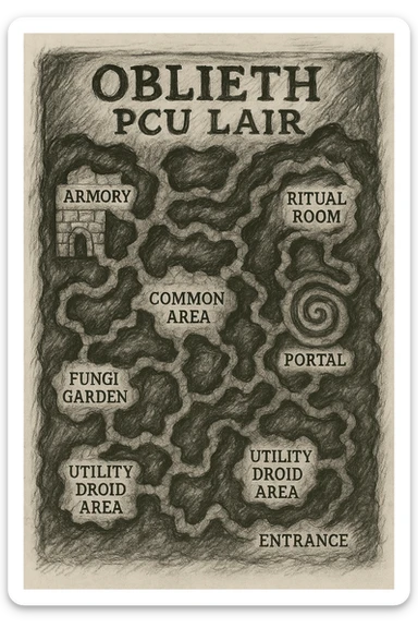a hand drawn map of how to navigate the Oblieth cave system to find the PCU Lair sticker