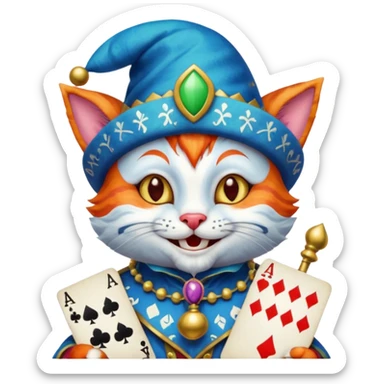 crazy colorful cute little cat jolly joker from poker, medieval, vintage, court jester, mac os icon, blue color, holds an ace poker card (clearly detailed and precise) sticker