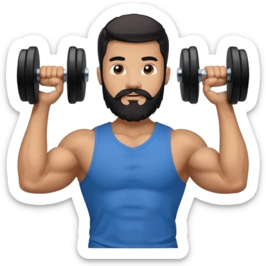 generate an ios genmoji of a 20 year old tan boy with long long long black beard that reaches his chest. Big biceps. wearing a blue shirt that fits his arms and carrying a dumbbel sticker